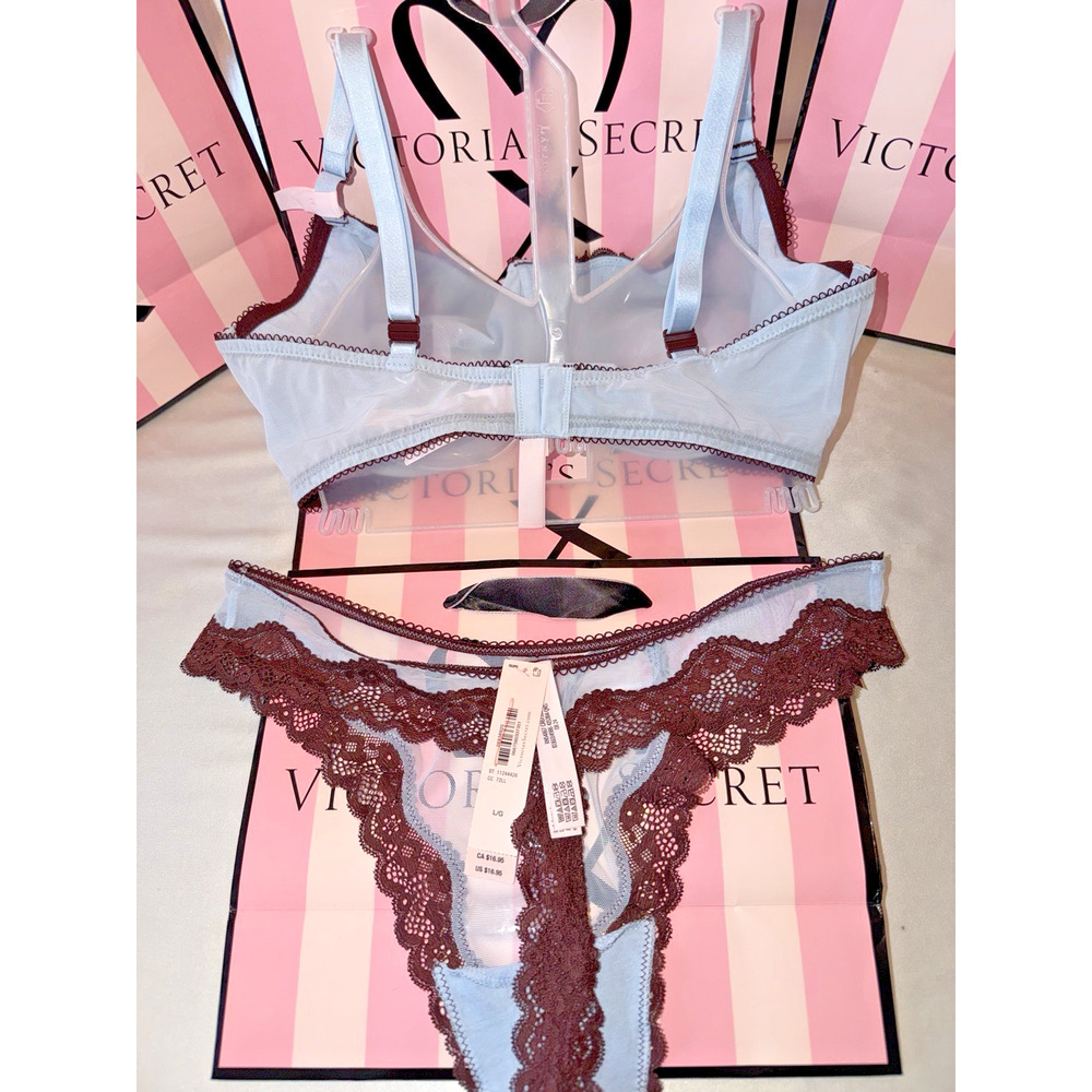Victoria's Secret Bra Unlined Tease 36DDD Large Sheer Thong Blue & Brown - Picture 2 of 2